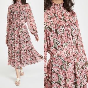 En Saison Floral Print Smocked Pink Belted High Neck Long Sleeves Midi Dress M